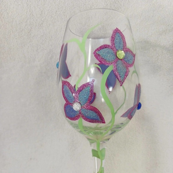 2 Saints HAND PAINTED 9" WINE GLASS Sparkle Violets Flowers w Bling Diamonds - Picture 13 of 16